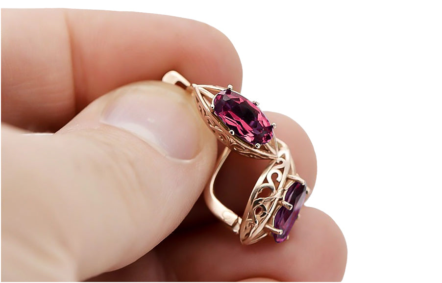 Vintage Ruby Earrings in 14K Rose Gold (vec141r-rb) — worn on the hand, showing profile