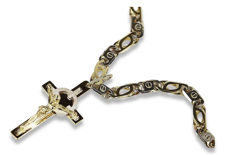 Vintage Catholic Cross Pendant in 14K Yellow & White Gold (ctc031yw) — side view showing the setting