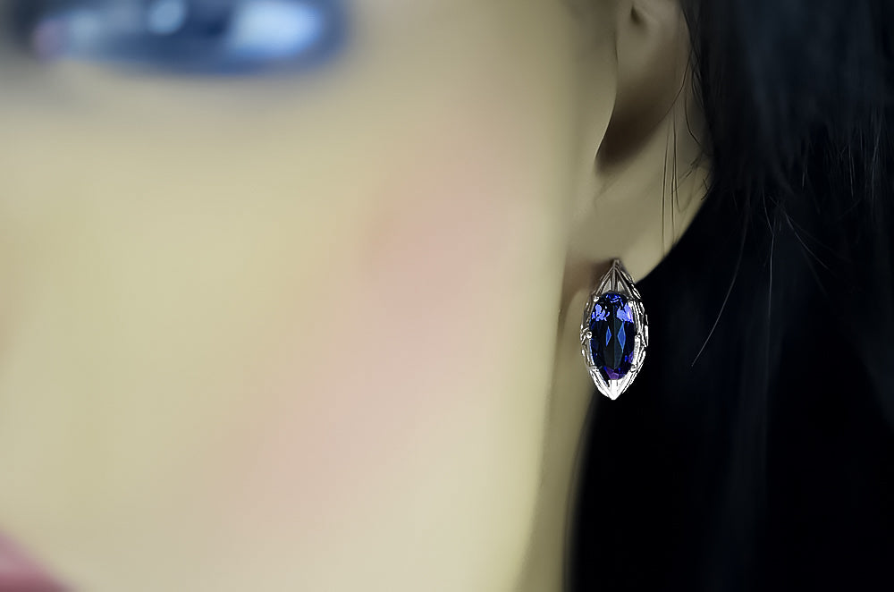 Vintage Sapphire Earrings in Sterling Silver (vec141s-sp) — side view showing the setting