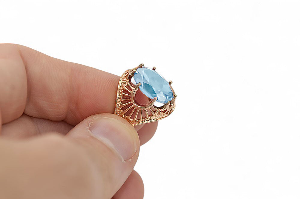 Vintage Aquamarine Ring in 14K Rose Gold (vrc003r-aq) — worn on the neckline, showing the drape