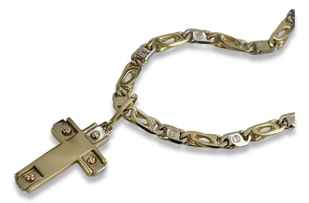 Vintage Catholic Cross Pendant in 14K Yellow & White Gold (ctc031yw) — close-up of the hallmark on the inner band