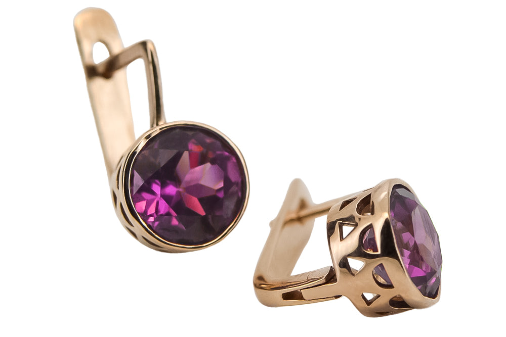 Vintage Amethyst Earrings in Rose Gold-Plated Sterling Silver (vec107rp-am) — close-up of the stone and setting