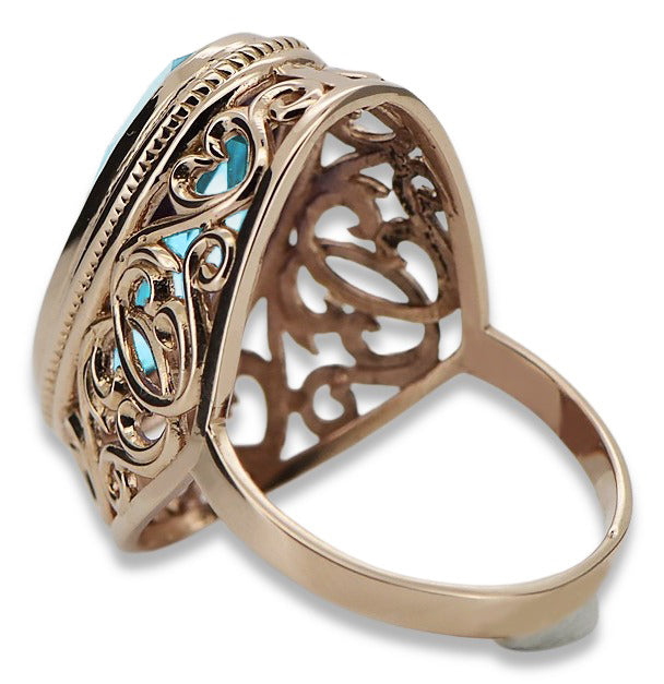 Vintage Aquamarine Ring in 14K Rose Gold (vrc184r-aq) — close-up of the stone and setting