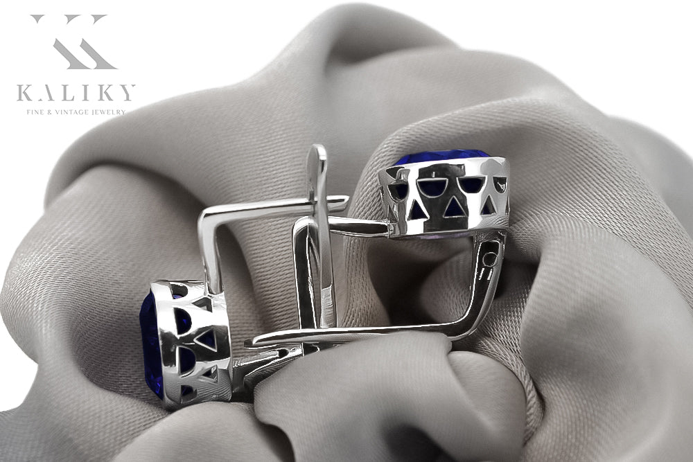Vintage Sapphire Earrings in Sterling Silver (vec107s-sp) — full view of the piece