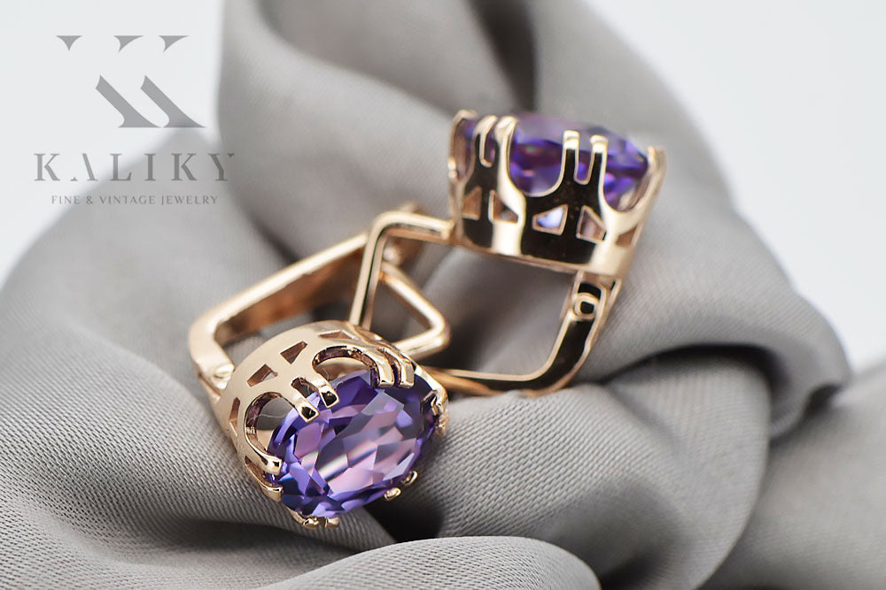 Vintage Alexandrite Earrings in 14K Rose Gold (vec016r-ax) — worn on the neckline, showing the drape