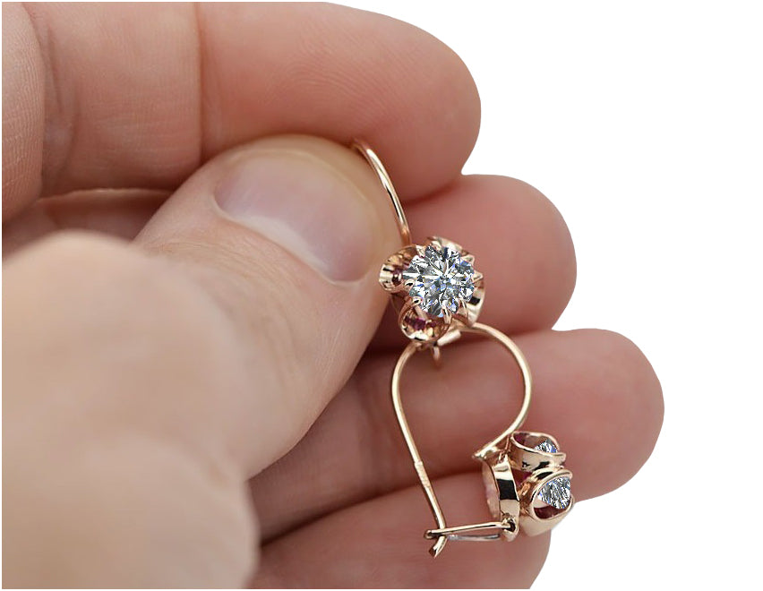 Vintage Zircon Earrings in 14K Rose Gold (vec035r-zi) — worn on the hand, showing profile