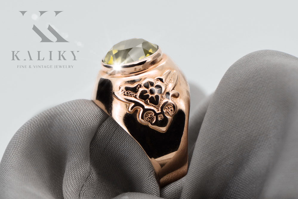 Vintage Yellow Peridot Ring in 14K Rose Gold (vrc078r-yp) — worn on the neckline, showing the drape
