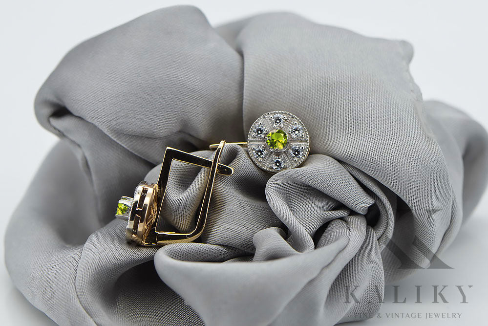 Vintage Yellow Peridot Earrings in 14K Yellow & White Gold (vec161yw-yp) — worn on the neckline, showing the drape