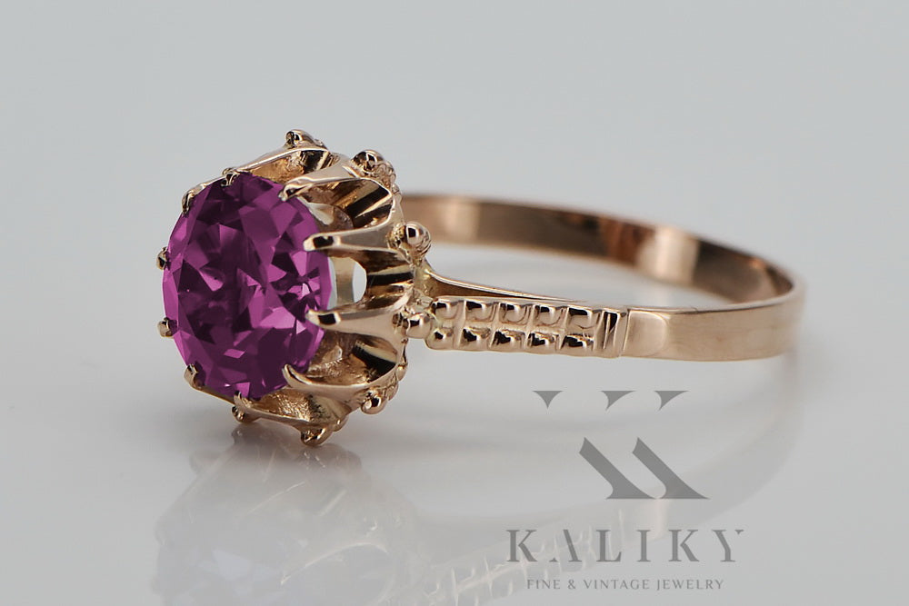Vintage Amethyst Ring in 14K Rose Gold (vrc045r-am) — worn on the neckline, showing the drape