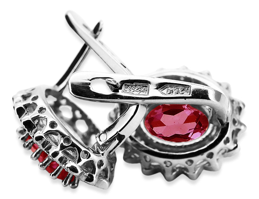 Vintage Ruby Earrings in 14K White Gold (vec125w-rb) — worn on the hand, showing profile