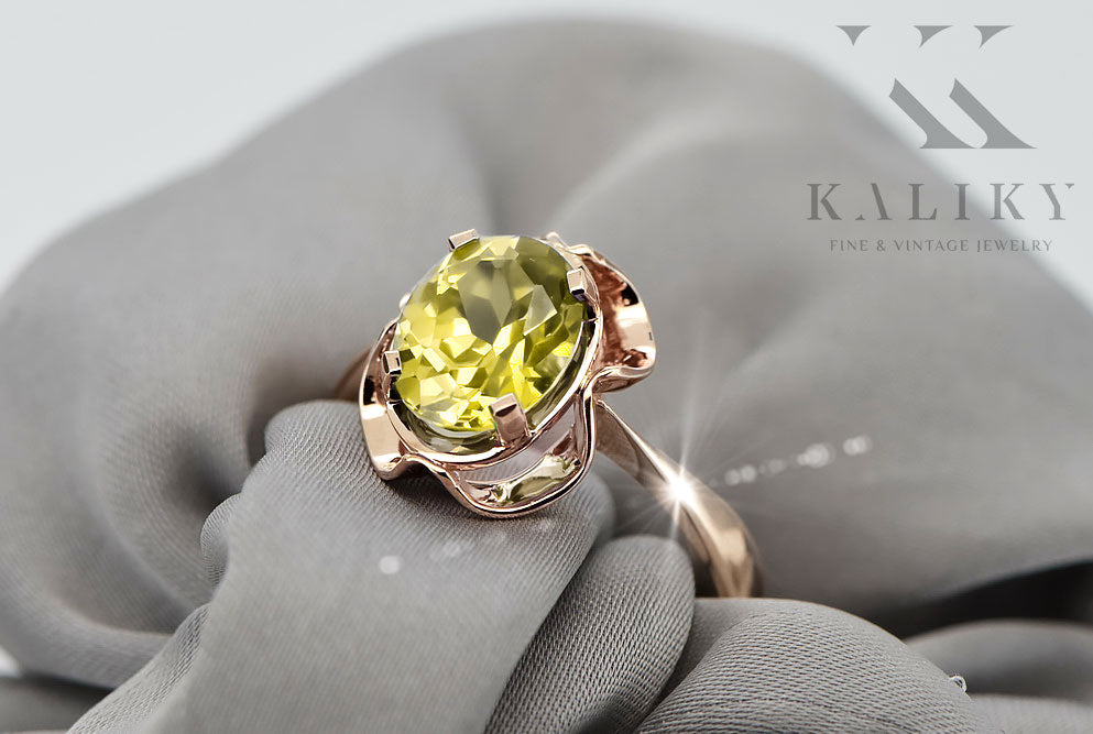 Vintage Yellow Peridot Craft Ring in 14K Rose Gold (vrc206r-yp) — worn on the hand, showing profile