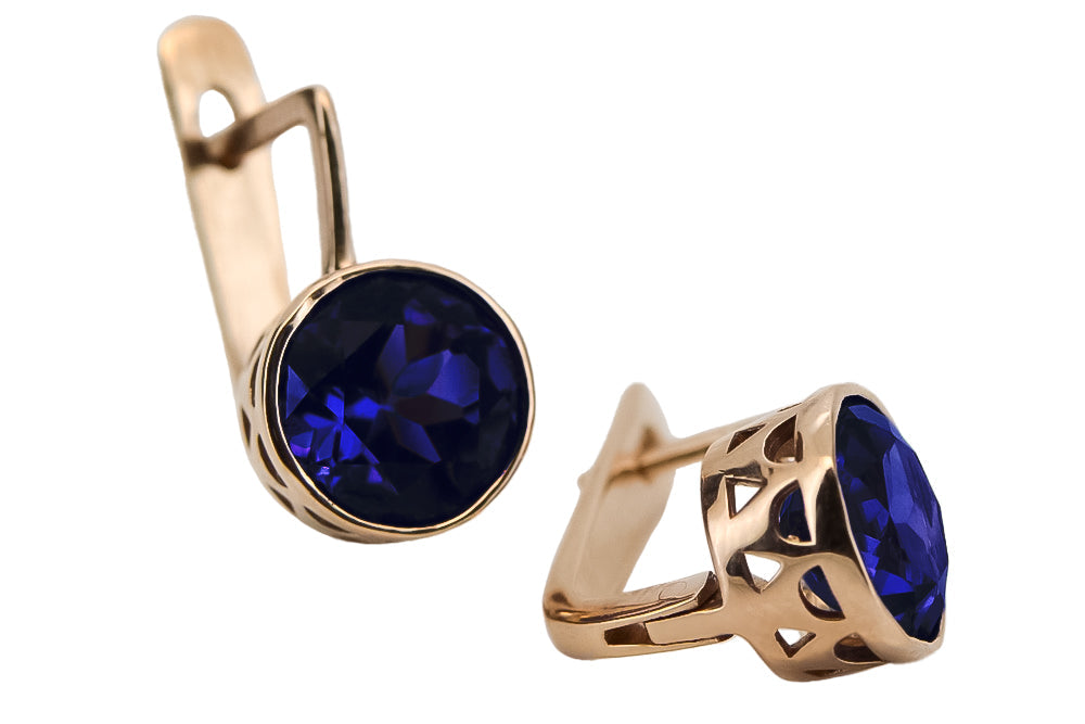 Vintage Sapphire Earrings in 14K Rose Gold (vec107r-sp) — close-up of the stone and setting