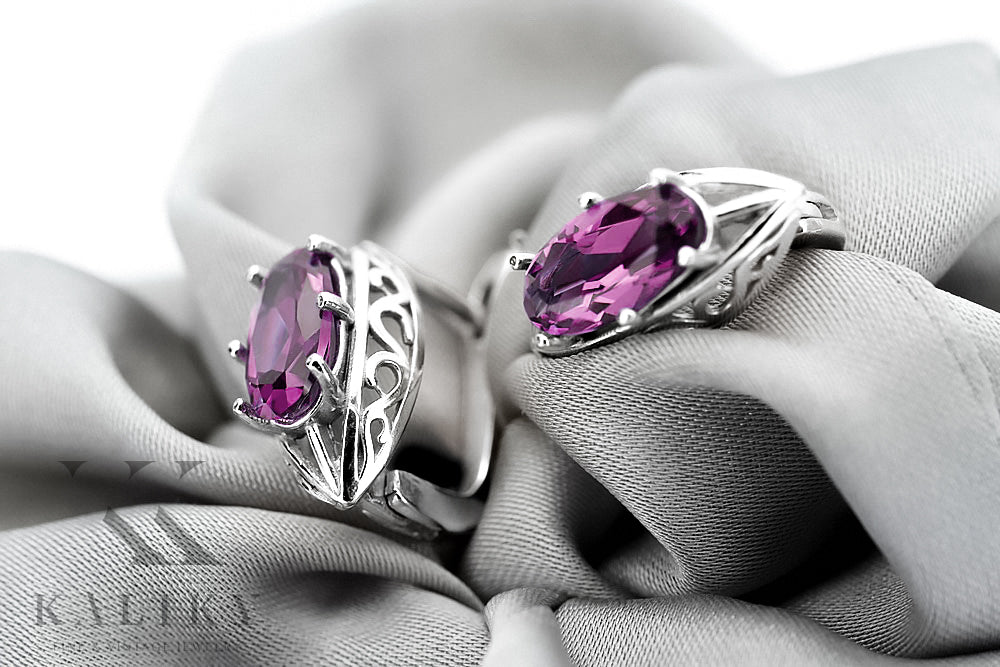 Vintage Amethyst Earrings in Sterling Silver (vec141s-am) — worn on the neckline, showing the drape