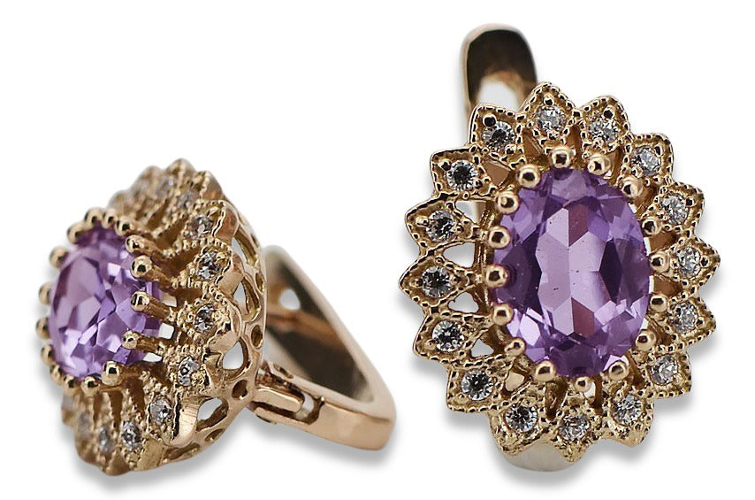 Vintage Amethyst Earrings in 14K Rose Gold (vec125r-am) — worn on the hand, showing profile