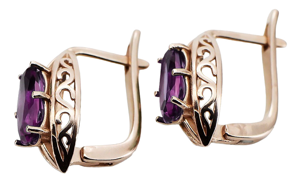 Vintage Amethyst Earrings in 14K Rose Gold (vec141r-am) — worn on the neckline, showing the drape