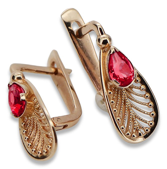 Vintage Ruby Earrings in 14K Rose Gold (vec067r-rb) — close-up of the stone and setting
