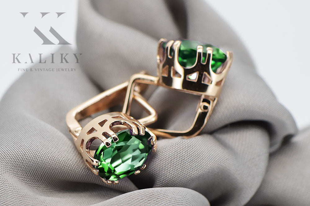 Vintage Emerald Earrings in 14K Rose Gold (vec016r-em) — worn on the neckline, showing the drape