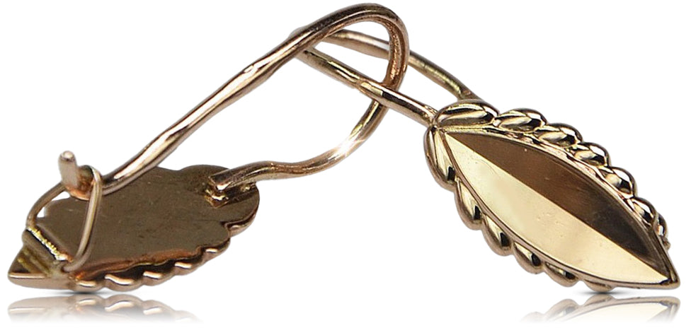 Vintage Leaf Earrings in 14K Rose Gold (ven078) — worn on the neckline, showing the drape