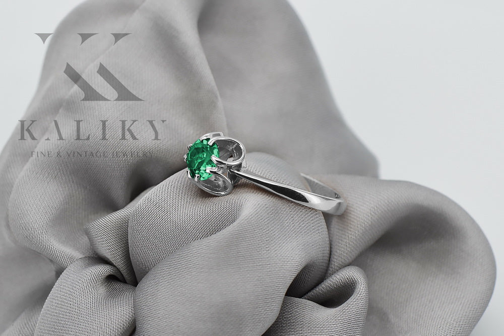 Vintage Emerald Ring in Sterling Silver (vrc348s-em) — worn on the neckline, showing the drape