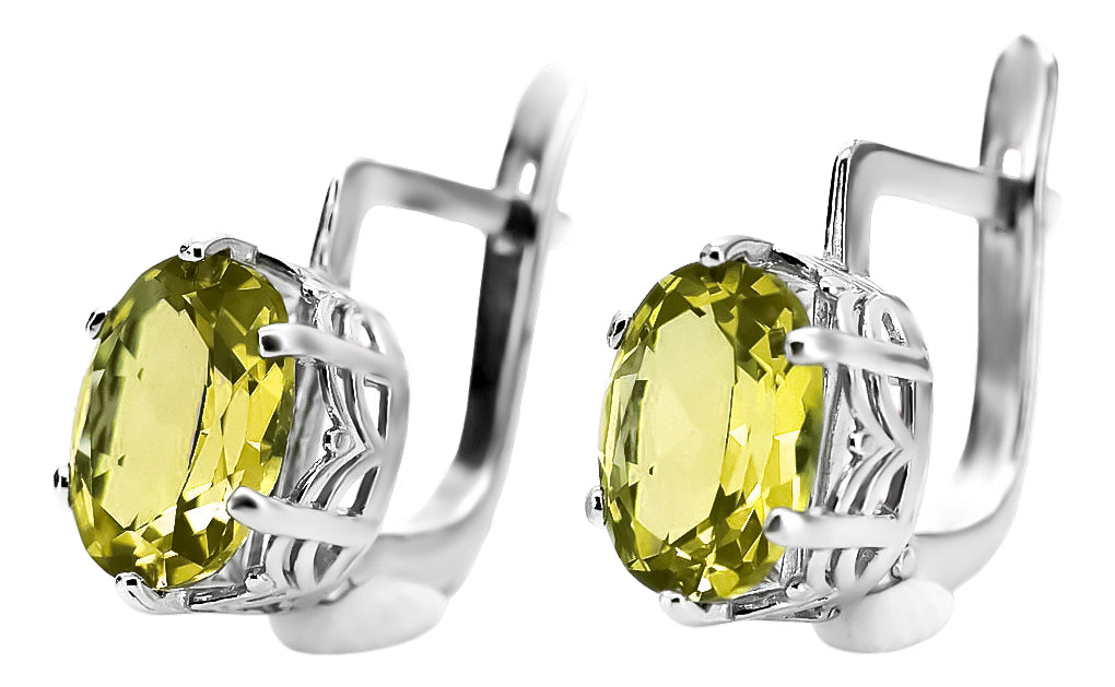 Vintage Yellow Peridot Ring Earrings in Sterling Silver (vec003s-yp) — worn on the neckline, showing the drape