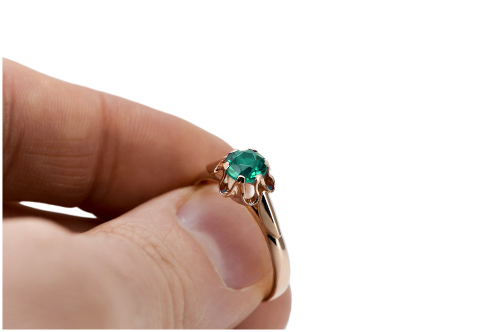 Vintage Emerald Ring in 14K Rose Gold (vrc094r-em) — worn on the hand, showing profile