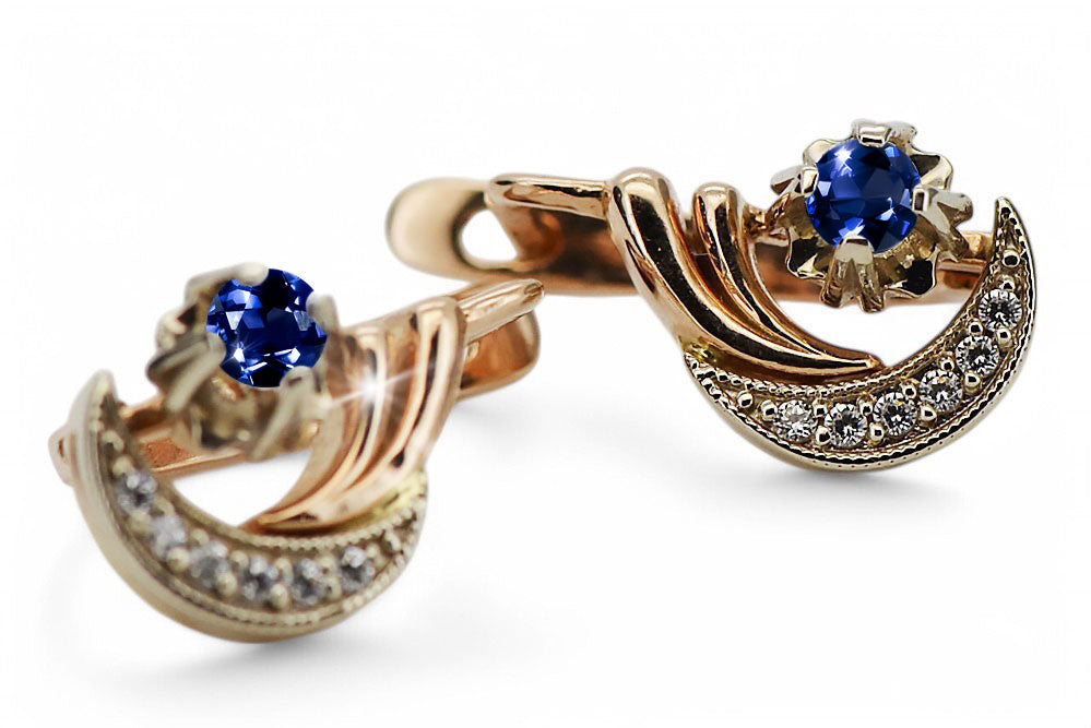 Vintage Sapphire Earrings in 14K Rose & White Gold (vec093rw-sp) — worn on the hand, showing profile