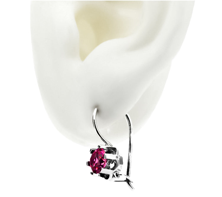 Vintage Ruby Earrings in Sterling Silver (vec019s-rb) — close-up of the stone and setting