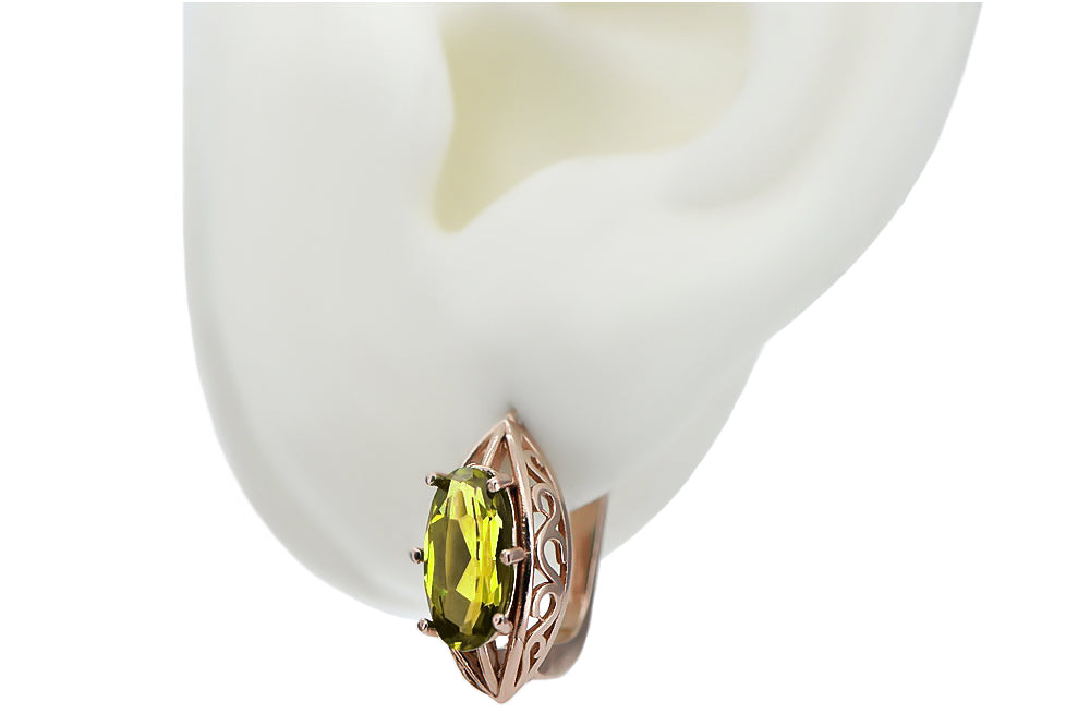 Vintage Yellow Peridot Earrings in 14K Rose Gold (vec141r-yp) — worn on the hand, showing profile