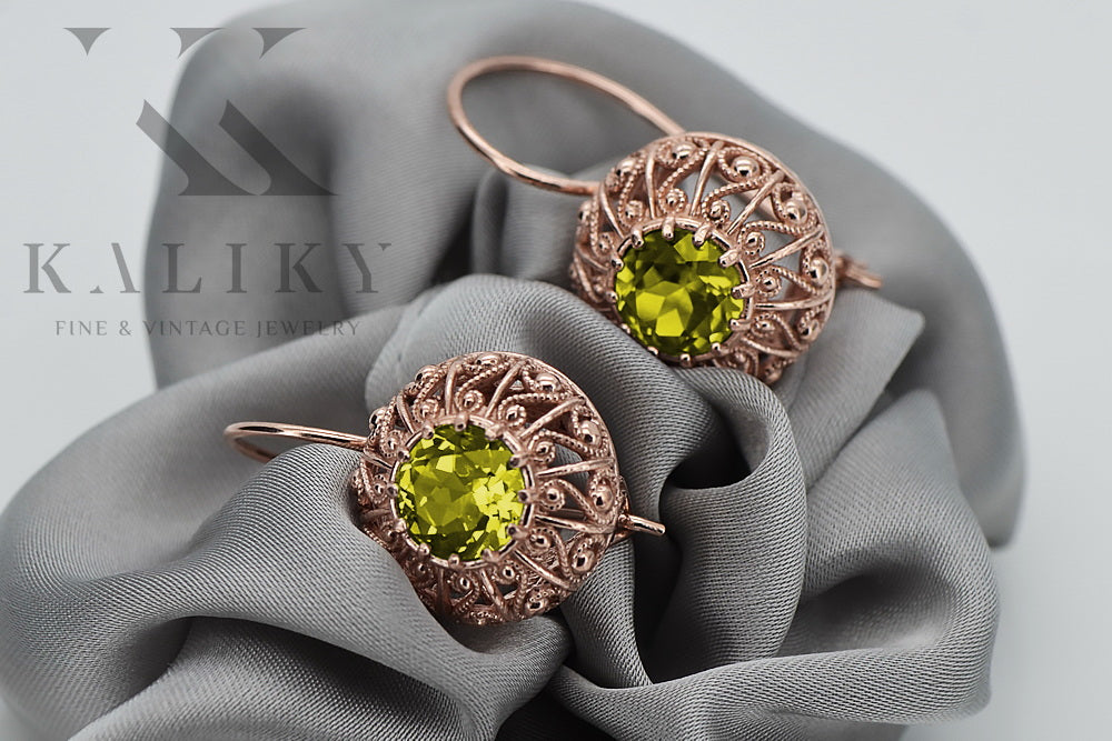 Vintage Yellow Peridot Earrings in 14K Rose Gold (vec002r-yp) — back view with the clasp