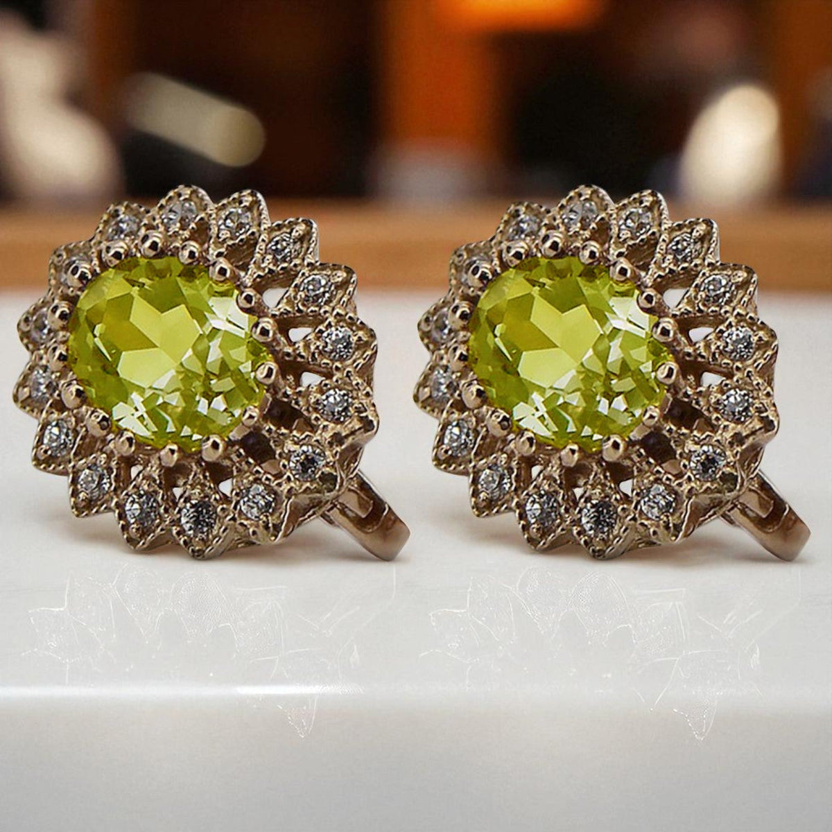 Vintage Yellow Peridot Earrings in 14K Rose Gold (vec125r-yp)