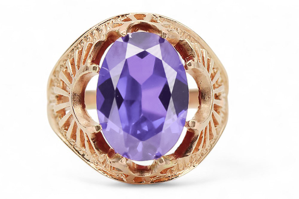 Vintage Alexandrite Ring in 14K Rose Gold (vrc003r-ax) — worn on the neckline, showing the drape
