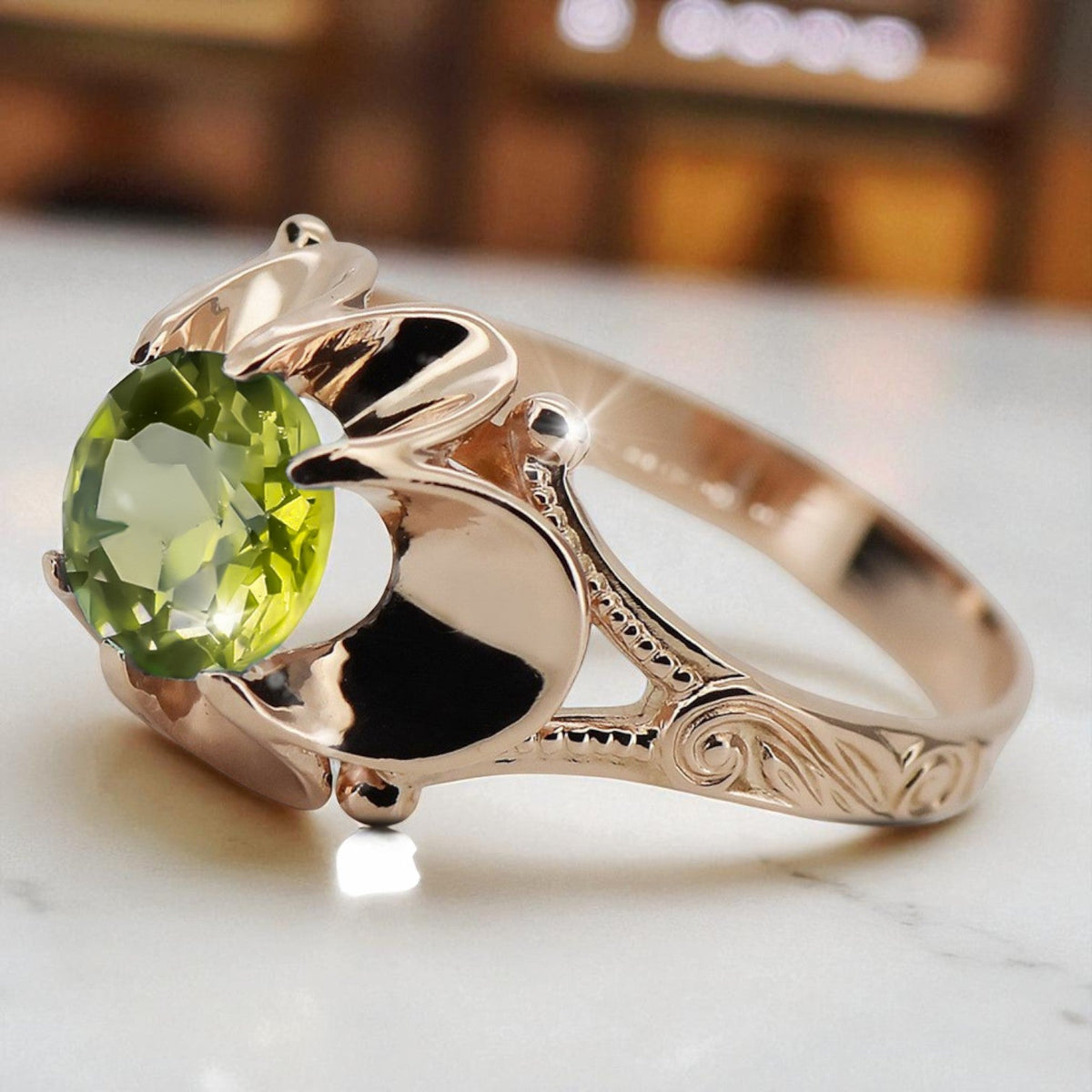 Vintage Yellow Peridot Ring in 14K Rose Gold (vrc377r-yp)
