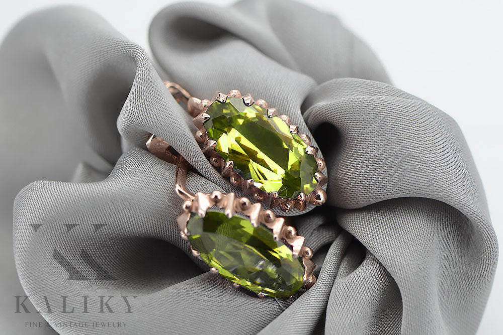 Vintage Yellow Peridot Earrings in 14K Rose Gold (vec174r-yp) — worn on the neckline, showing the drape