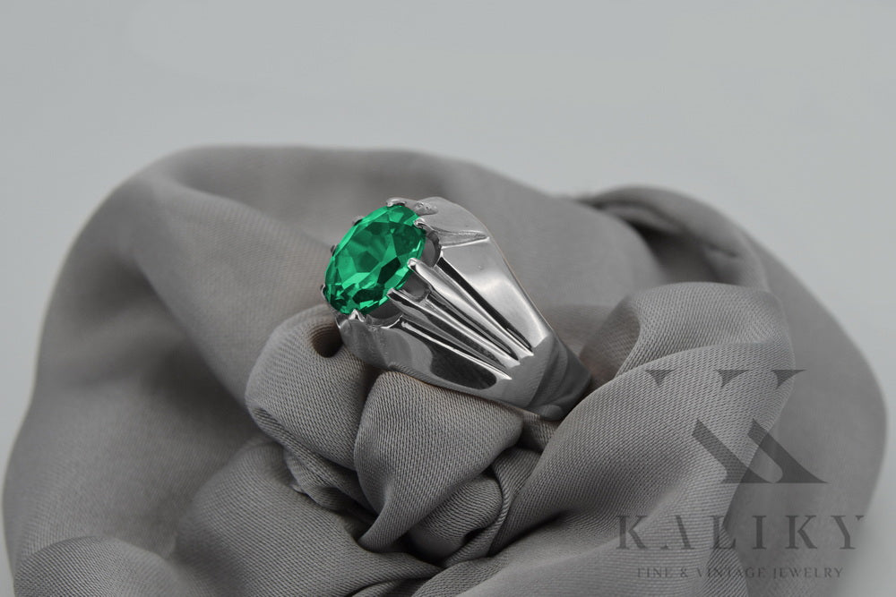 Vintage Emerald Ring in Sterling Silver (vrc016s-em) — worn on the neckline, showing the drape