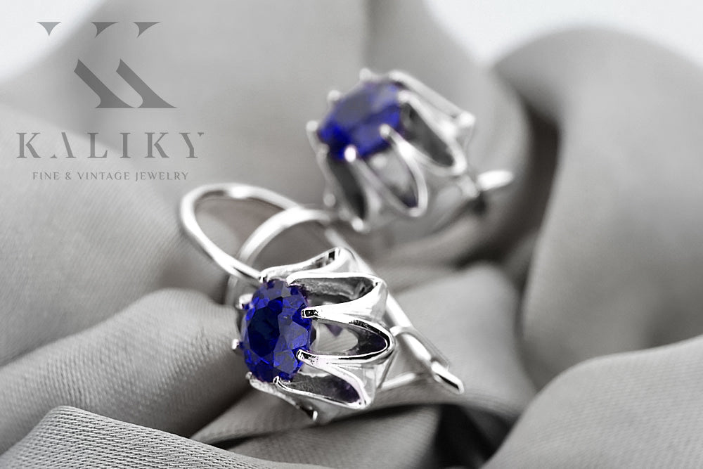 Vintage Sapphire Earrings in Sterling Silver (vec092s-sp) — close-up of the hallmark on the inner band