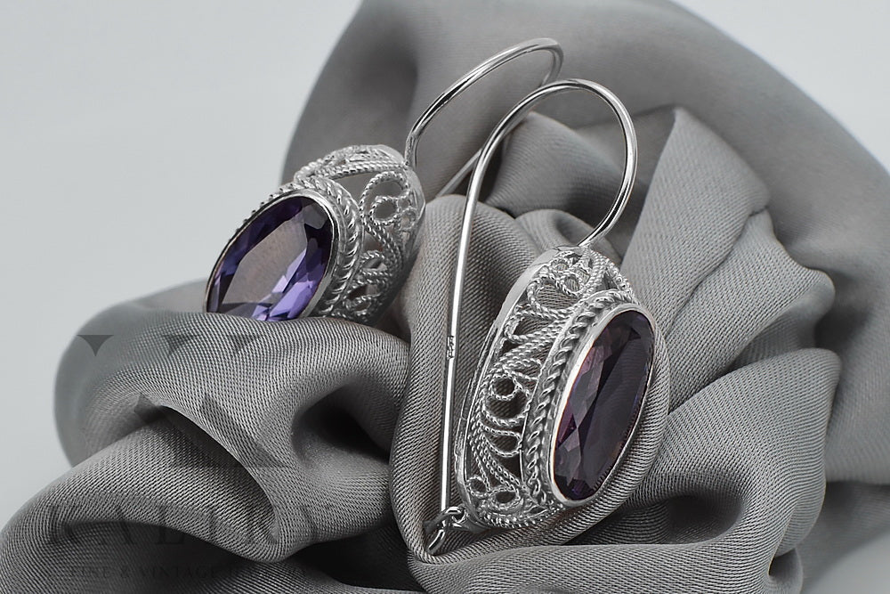 Vintage Alexandrite Earrings in Sterling Silver (vec023s-ax) — full view of the piece
