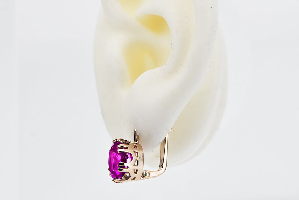 Vintage Amethyst Earrings in 14K Rose Gold (vec016r-am) — side view showing the setting