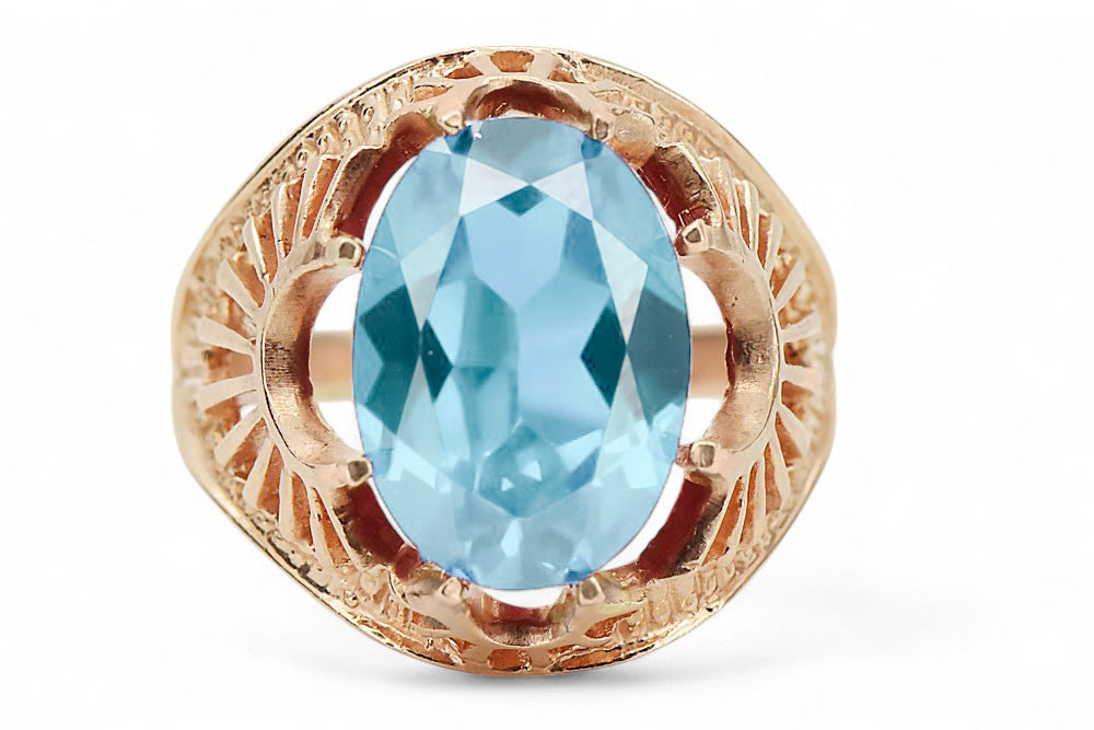 Vintage Aquamarine Ring in 14K Rose Gold (vrc003r-aq) — close-up of the stone and setting
