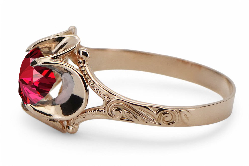Vintage Ruby Ring in 14K Rose Gold (vrc377r-rb) — close-up of the stone and setting