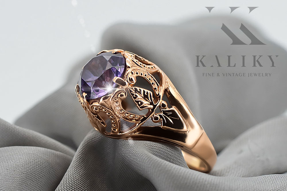 Vintage Alexandrite Ring in 14K Rose Gold (vrc080r-ax) — worn on the neckline, showing the drape