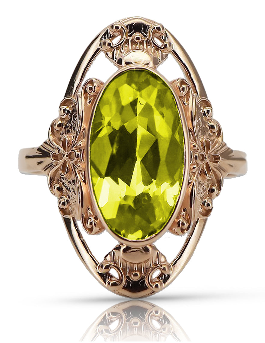 Vintage Yellow Peridot Ring in 14K Rose Gold (vrc014r-yp) — close-up of the hallmark on the inner band