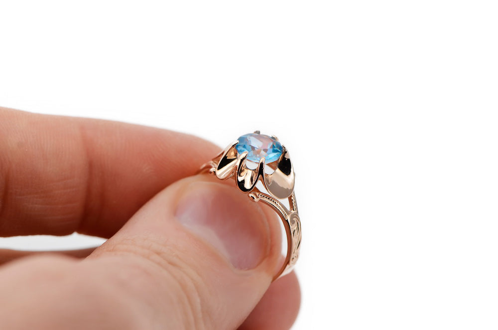 Vintage Aquamarine Ring in 14K Rose Gold (vrc377r-aq) — full view of the piece