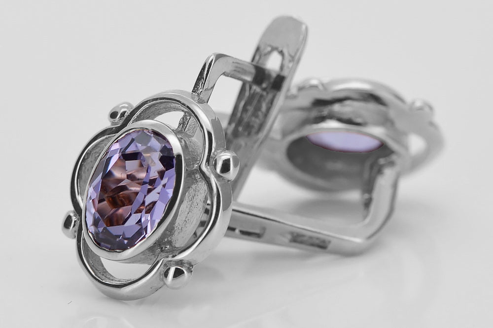 Vintage Alexandrite Earrings in Sterling Silver (vec033s-ax) — worn on the neckline, showing the drape