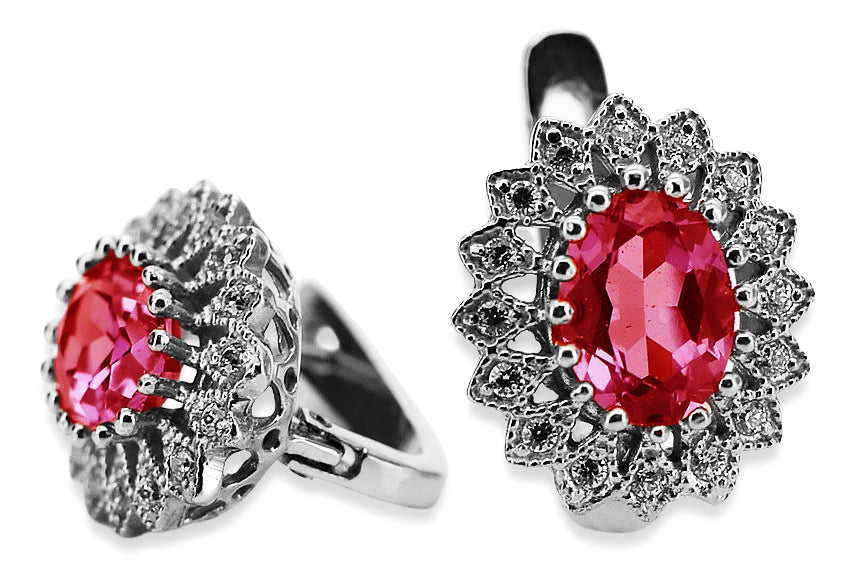 Vintage Ruby Earrings in 14K White Gold (vec125w-rb) — close-up of the stone and setting