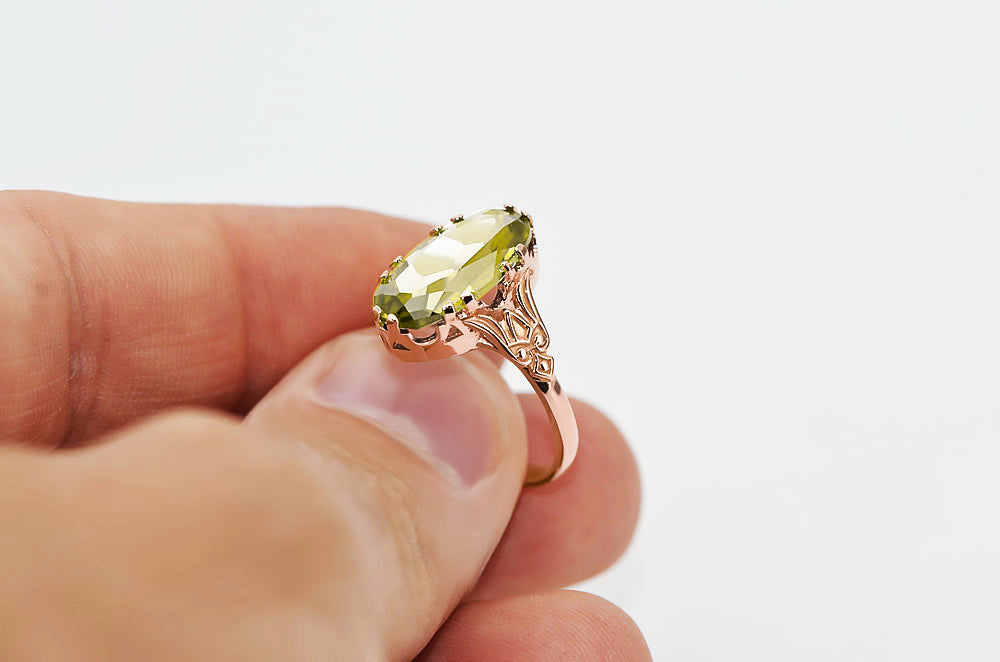 Vintage Yellow Peridot Ring in 14K Rose Gold (vrc058r-yp) — close-up of the hallmark on the inner band