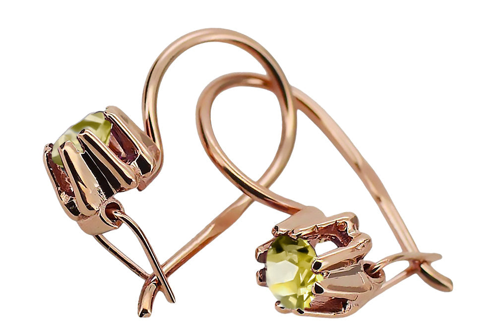Vintage Yellow Peridot Earrings in 14K Rose Gold (vec053r-yp) — worn on the hand, showing profile