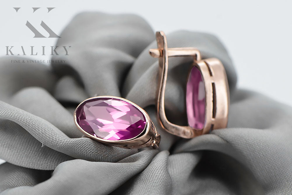 Vintage Amethyst Earrings in 14K Rose Gold (vec001r-am) — close-up of the stone and setting