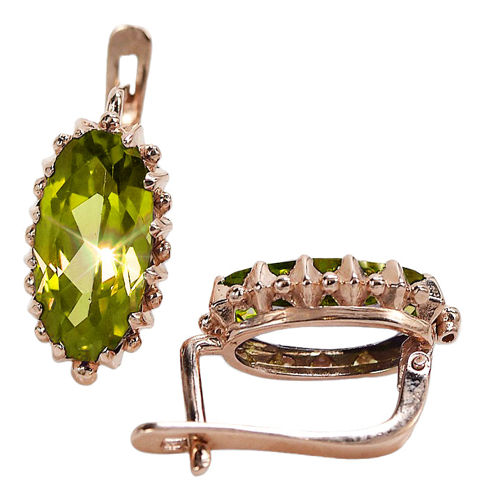 Vintage Yellow Peridot Earrings in 14K Rose Gold (vec174r-yp) — close-up of the stone and setting