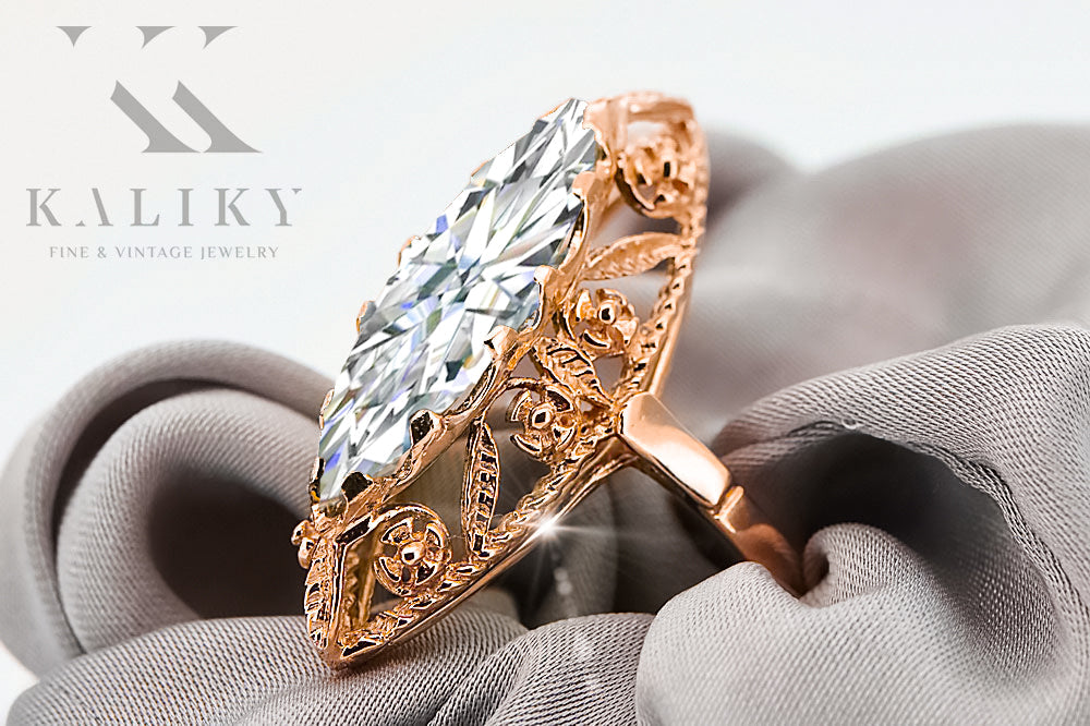 Vintage Zircon Ring in 14K Rose Gold (vrc005r-zi) — worn on the neckline, showing the drape