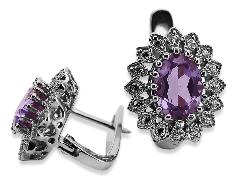 Vintage Amethyst Earrings in 14K White Gold (vec125w-am) — side view showing the setting